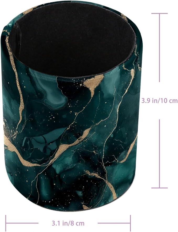 Faux Leather Pen Holder for Desk, Pencil Organizer Green Marble Pen Cup Desk Decor Makeup Brush Holder Storage for Office Home