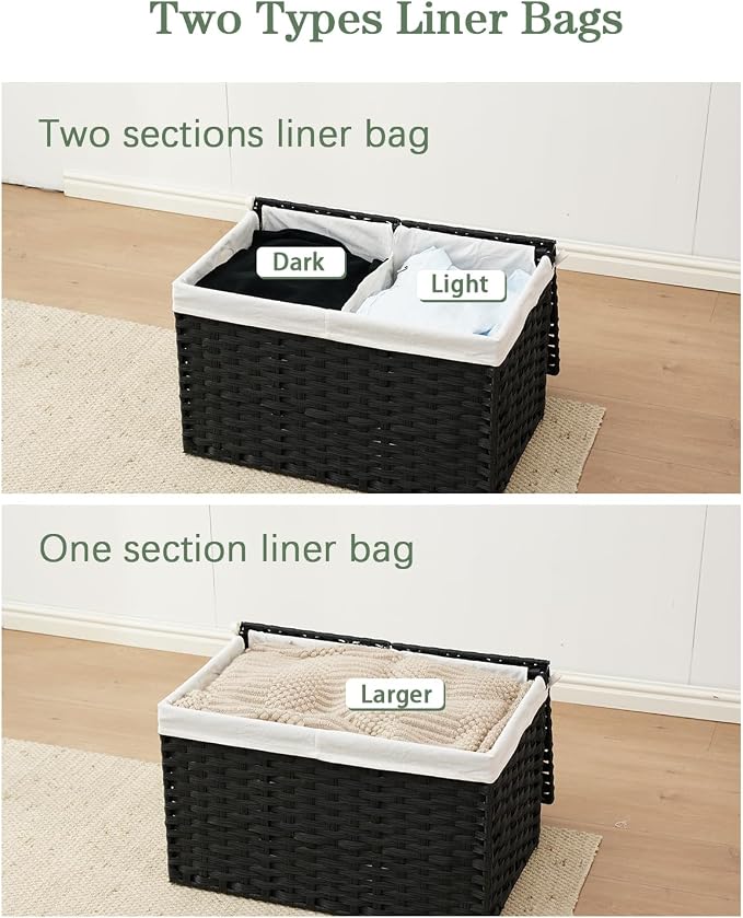 SETVSON Storage Basket with Lid Rattan Storage Basket with 2 Separate Lid, 27.8 Gallon (105 L) 25.2 * 15.4 * 16.1 Inches Woven Wicker Baskets with 2 Liners and Handles for Bedroom Laundry Black