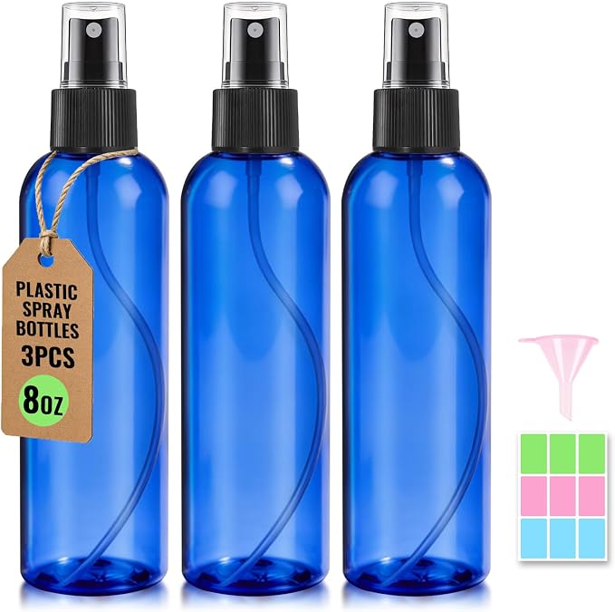3 Packs 8 oz Blue Plastic Spray Bottles, Black Fine Mist Sprayer | Refillable Empty Bottles with Cap, For Essential Oils, Perfumes, Travel, Cleaning Solutions, With Labels & Funnel