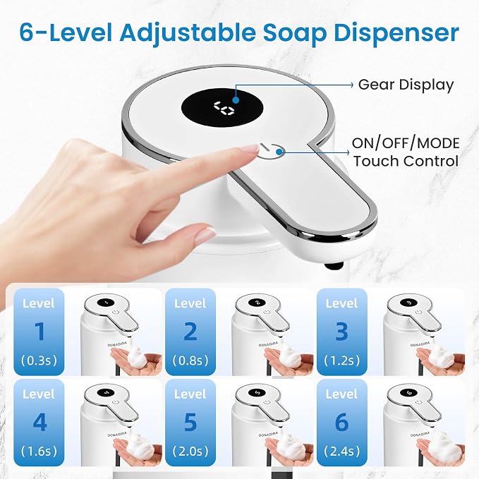 Automatic Foaming Soap Dispenser Touchless, 15oz/420ml USB-C Rechargeable Hand Soap Dispenser, 6-Level Adjustable Foam, IPX5 Waterproof, Wall Mount or Countertop for Bathroom Kitchen, White