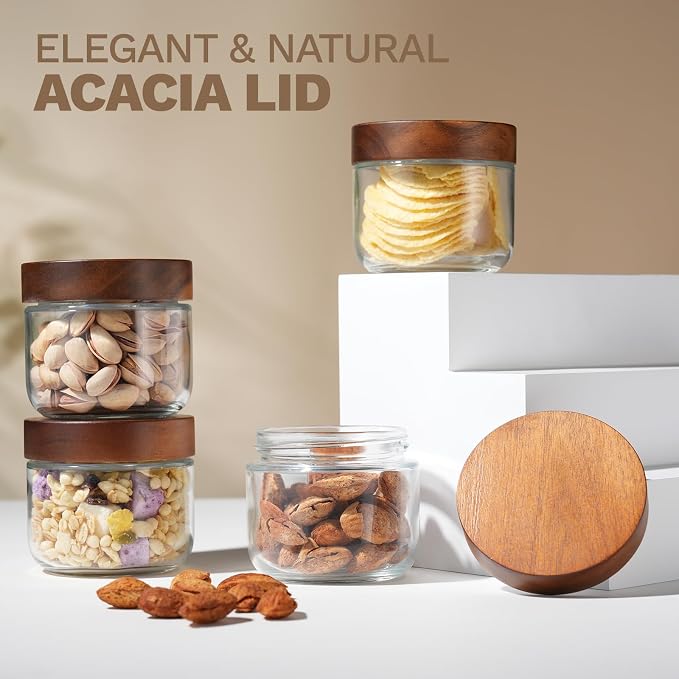 Bumobum 8 oz Glass Jars with Lids, Small Jars for Loose Leaf Tea, 4 Pack | Airtight containers with acacia wood tops and wide openings; for loose leaf tea storage, coffee, snacks, yogurt and spices.