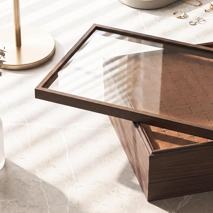 Wood Jewelry Organizer Tray, 5-Piece Set (Brown, 5Pc) | 5 Piece Jewelry Organizer Set, Large Capacity Storage, Glass Top Ring Necklace Display, Versatile Tray