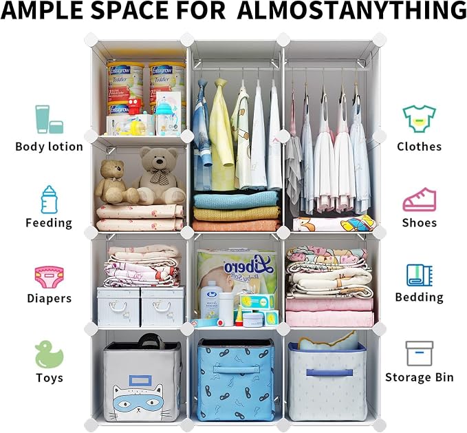 VIPZONE Baby Closet,Dresser, Kids Closet Organizers, Portable Kids Wardrobe for Closet, Bedroom, Nursery, Cubby, Cabinet, Clothes, Dress, Baby Storage Shelf, Armoire Clothes Hanging (12 Cube, White)