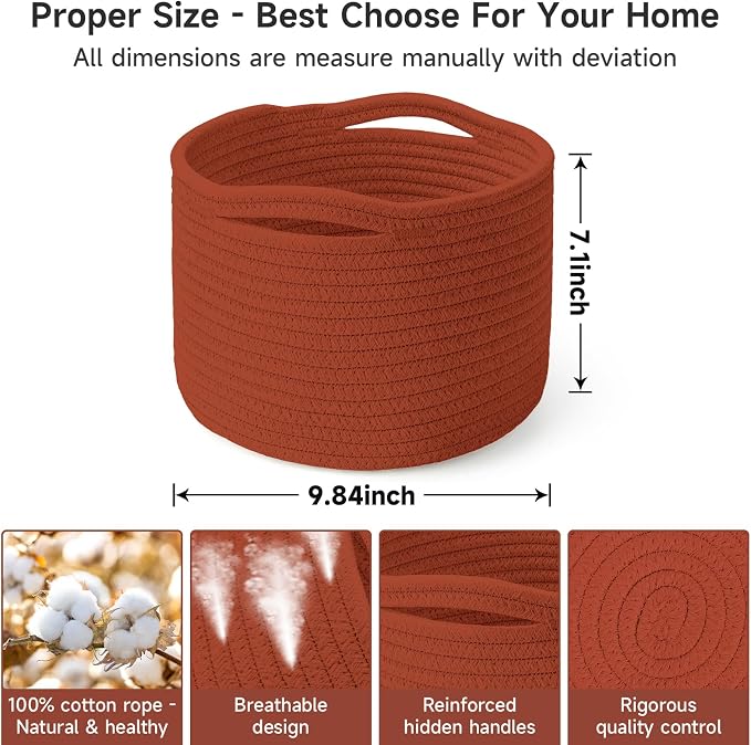 Small Rope Baskets for Storage, Baskets for Gifts Empty, Cute Round Woven Basket, Decorative Shelf Baskets 9.82×9.82×7.1", Cotton Toy Basket Storage Bins for Organizer 3 Packs-Brick Red
