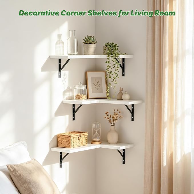 NATURE'S SOURCE Corner Floating Shelves Set of 3, Corner Shelves Wall Mounted, for Bedroom Kitchen Living Room Bathroom Office- Gothic Style (White, Set of 3)