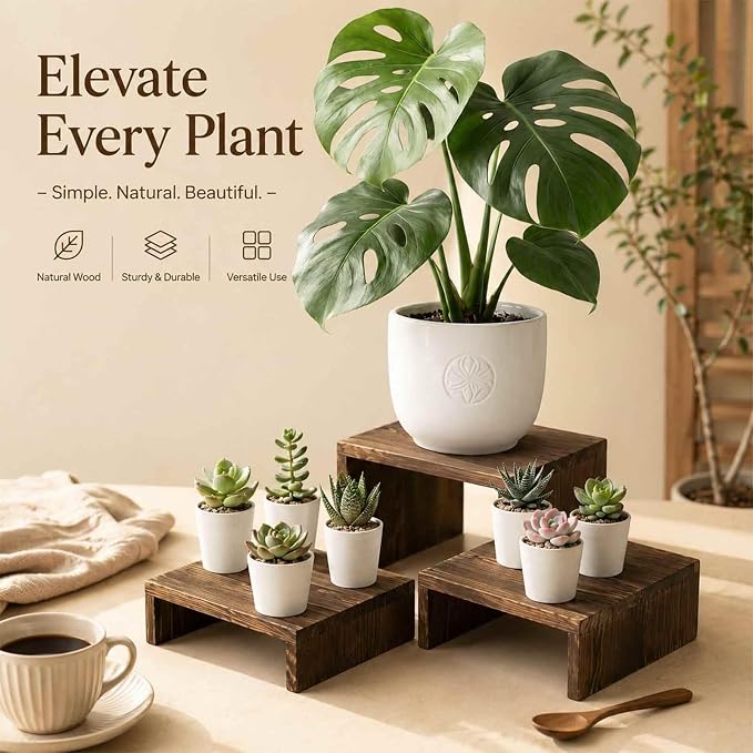 3-Tier Wood Display Riser 2 Set, Tiered Display Stand for Food, Kitchen, Desk & Party - Solid Pine Wooden Shelf & Organizer for Plants, Collectibles, Office (9.5/8.5/7.5 In)