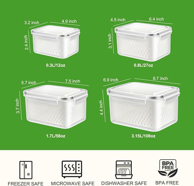 4 Pack Fruit Storage Containers for Fridge Keep Fresh - BPA Free Fresh Food Containers with Removable Colander, Produce Saver Keeper for Berry Lettuce Vegetables, Salad, Dishwasher & Microwave Safe