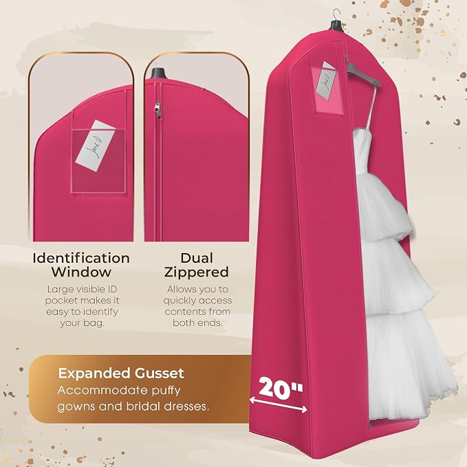 Your Bags Wedding Dress Garment Bag - Garment Bags for Travel & Hanging Clothes or Storage Preservation - 72" Wedding Dress Bag for Gowns Long with 20" Gusset for Puffy Bridal Gowns Cover - Fuchsia