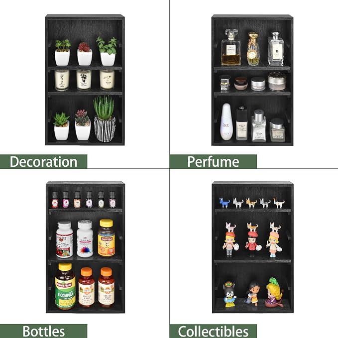 Ikee Design Wooden Wall-Mounted Display Shelves Rack for Collectibles, Figures,Shot Glasses,Spice Can,Cosmetics or Perfume, 5 Adjustable Height Shelves,Space-Saving, Black Color