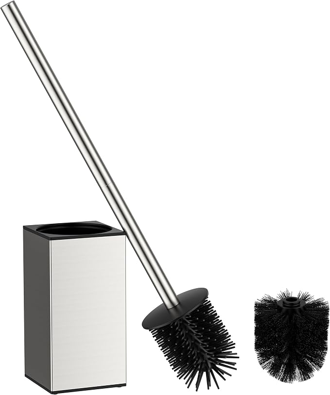 FORIOUS Toilet Brush, 2 Toilet Bowl Brush Head Square Short Brushed Nickel | Heavy Duty 304 Stainless Steel Base, Silicone and Plastic Brush Heads, 360° Deep Cleaning, Drip-Proof, Splash-Proof Design