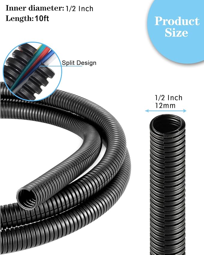 1/2 Inch Wire Loom Split Tubing - 10 ft Cord Protector Electric Wires Covers, Automotive Wire Flexible Conduit, Plastic Wire Cover