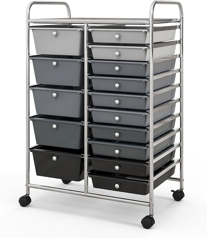 Moccha 15-Drawer Rolling Storage Cart - Under Desk Storage Drawers with wheels for Craft Art Supply Paper Salon, Scrapbook Paper Tools, Mobile Utility Cart for Classroom (15 Drawers, Gradient Grey)