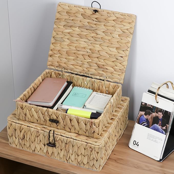 Water Hyacinth Basket with Lid, Rectangular Wicker Storage Basket Bins with Lid, Decorative Woven Basket Boxes for Storage Home Organizer
