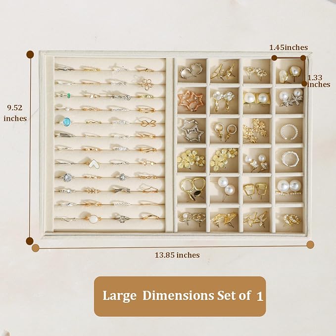 Large Jewelry Organizer for Drawer Insert Velvet Stackable Jewelry Trays for Earring Necklace Bracelet Ring Display (Beige, Ring and 24 Grids)
