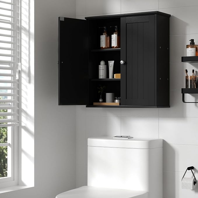 Shintenchi Bathroom Wall Medicine Cabinet with 2 Door, Bathroom Storage Organizer Over The Toilet,Space Saving Storage with 3-Tier Shelves,Solid Black