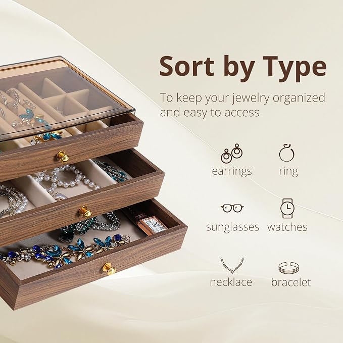 CLUQMEIK 3 Layer Acrylic Case Wooden Drawer Jewelry Organizer with Velvet Lining, Jewelry Box for Women and Girls to Store Rings Earrings Bracelets Necklaces(B)