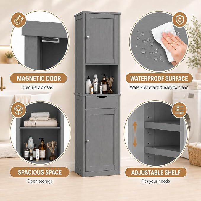 Walsunny Tall Bathroom Storage Cabinet with Freestanding Adjustable Shelves, Narrow Storage Linen Cabinet with 2 Doors and 1 Drawer for Bathroom, Living Room, Kitchen, Gray