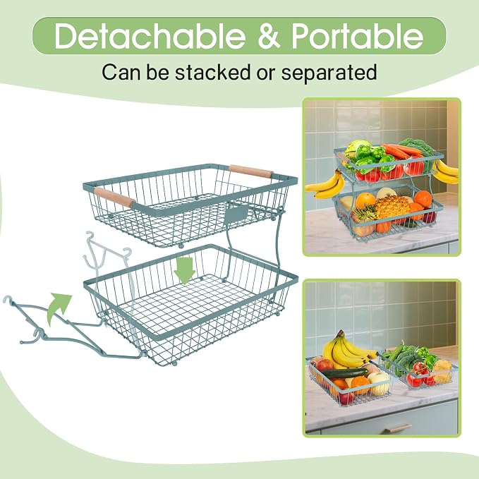 Fruit Basket Bowl 2 Tier Detachable with 2 Banana Hangers, Fruit Stand Holder for Kitchen Countertop, Metal Wire Vegetable Storage Organizer, for Bread Snack Veggies Produce, blue