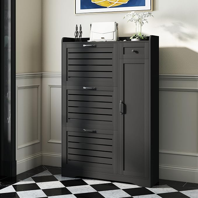 Slim Shoe Storage Cabinet for Entryway, Hidden Shoe Rack Cabinet with Doors, Drawers & Adjustable Shelf, Narrow Freestanding Ventilated Design, Thin Wooden Boot Storage Organizer, Black