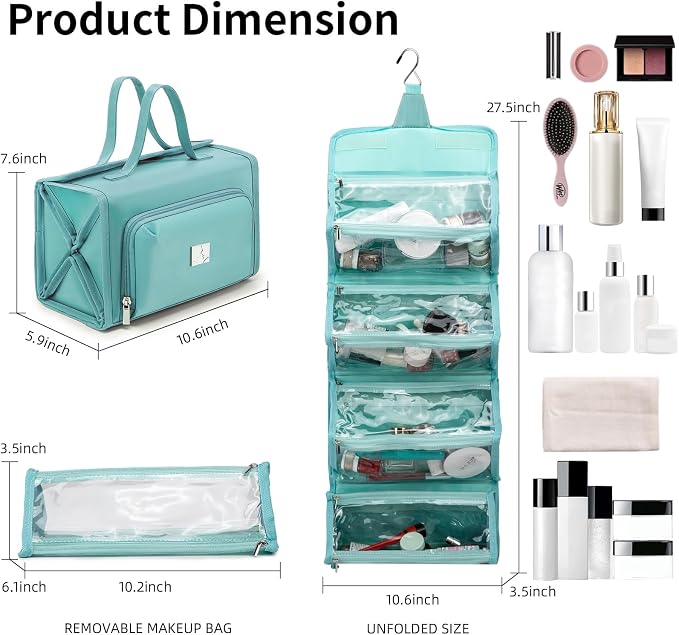 ROYALFAIR Roll Up Makeup Bag, Waterproof Toiletry Bag for Women, Hanging Travel Organizer with Jewelry Organizer Compartment, Extra Large 4 Clear TSA Approved (light blue)