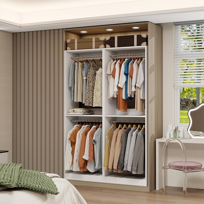 Closet System 4FT-10.5FT, 6 Rods, 81" Tall, Modular | 2 Sets Wooden Closet Organizer System with 6 Expandable Rods, Double-Hang Design & Anti-Tip Baseboard Notch