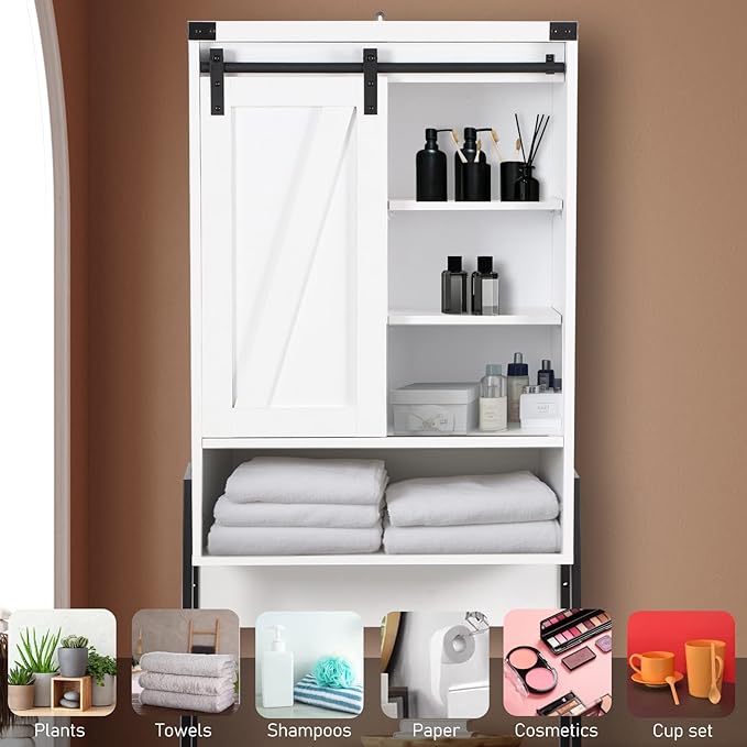 Over Toilet Storage Cabinet with Barn Door & Adjustable Shelves | 24 Inch Wide Bathroom Organizer, Space-Saving, Sturdy Wood, Anti-Tipping, Easy Assembly, for Restroom, Laundry, Small Spaces