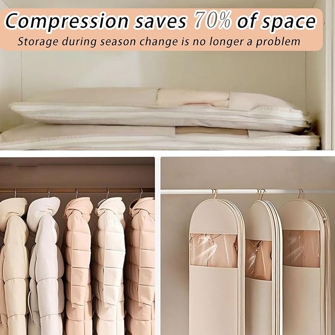 2025 Space Saving Hanging Garment Bag with Self Compression Zipper, Transparent Visibility Space Saving Hanging Protector for Down Coat with Self Compression Zipper (Large)