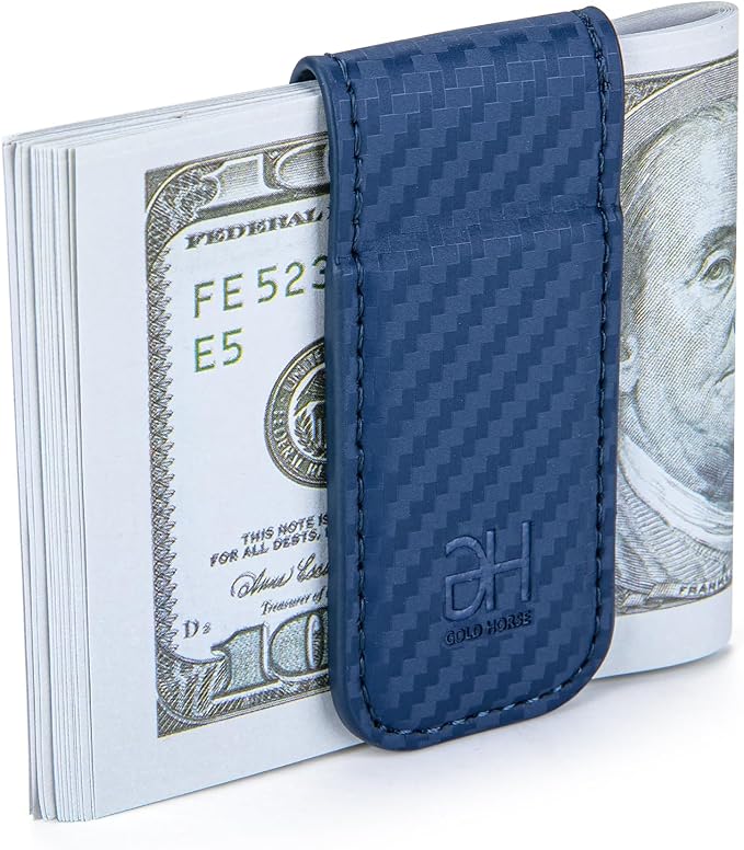 GH GOLD HORSE Slim Magnetic Money Clip Genuine Leather Business Card Holder for Men (Blue)