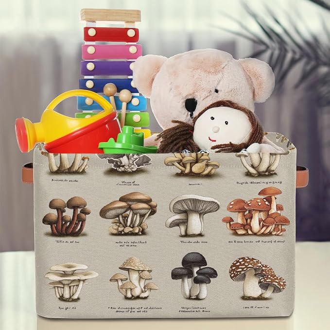 Rectangular Storage Bins Colorful Mushroom Illustration Collapsible Fabric Storage Basket Organizer with Handles for Nursery Bedroom Bathroom