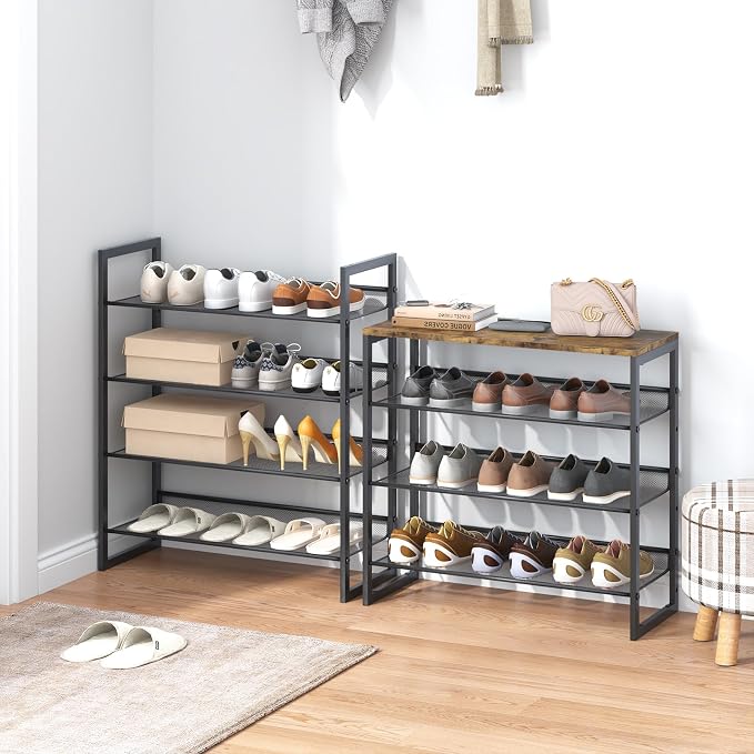 Garden 4 you Shoe Rack 8 Tiers Shoe Storage Organizer,Large Capacity Storage Rack with Brown Wooden Tabletop,Adjustable Metal Shelf Stackable Shoe Shelf for Entryway Hallway Living Room Closet