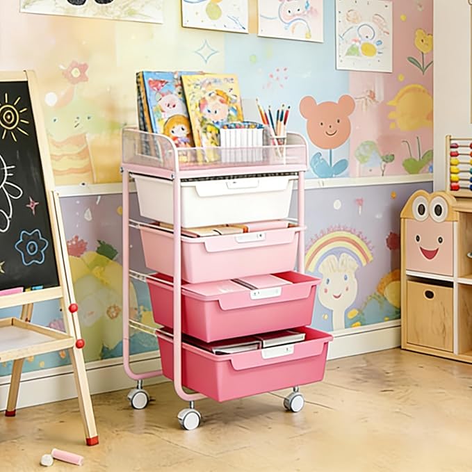SYKIARIOL 4-Drawer Rolling Storage Cart with Mesh Top, Utility Craft Organizer Cart on Wheels with DIY Labels, Rolling Drawer Cart for Home Office Classroom Bedroom, Rose Pink