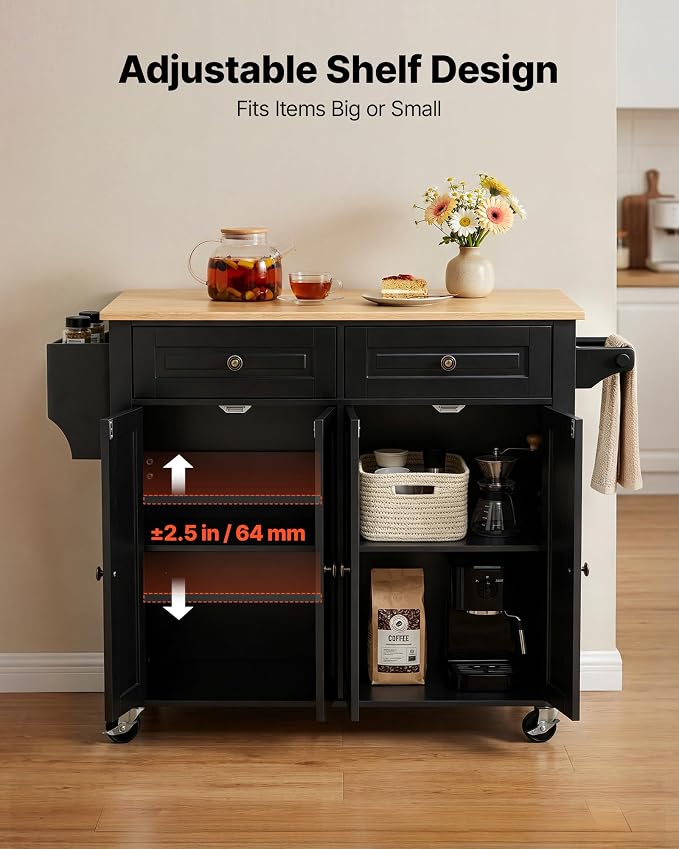 VEVOR Kitchen Island Cart with Storage, 43.58 in Wide Mobile Rolling Storage Island on Swivel Wheels, with 2 Drawers, Storage Cabinet, Drop Leaf, Spice/Towel Rack, Table for Home Dining Room, Black