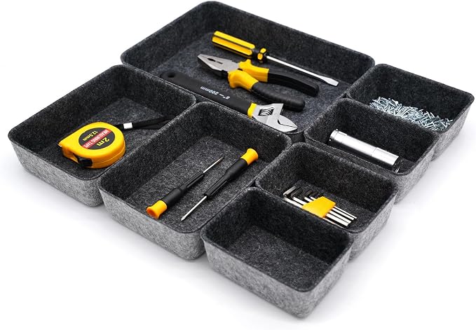 Welaxy 7pc Shallow Felt Desk Drawer Organizers Trays Charcoal Storage Bins