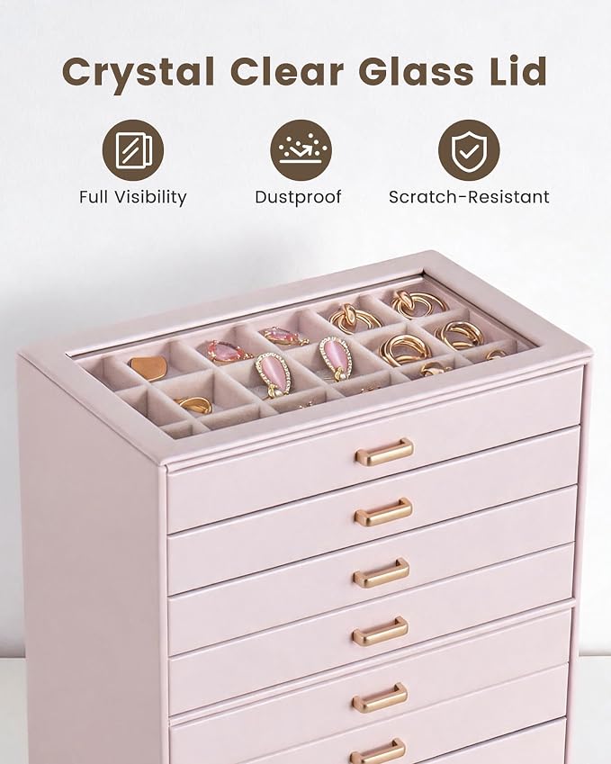 Lolalet Earring Organizer, Jewelry Box with Clear Lid -Pink, 8 Layer | PU Leather, Velvet, Removable Dividers, Dustproof, Easy Clean, For Studs Rings, Gift for Women Girls, Home Aesthetic Decor