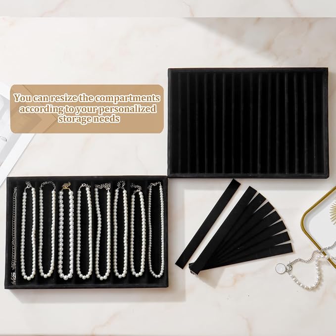 Large Jewelry Organizer for Drawer Insert Velvet Stackable Jewelry Trays for Earring Necklace Bracelet Ring Display (Black, 16 Grids)