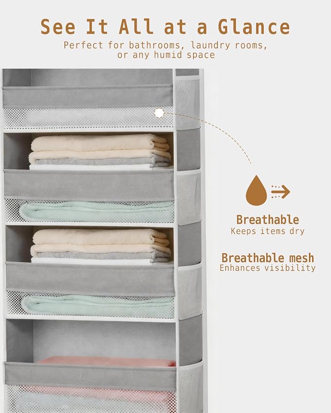 KMSCO Over The Door Organizer, 6 Large Pockets + 13 Mesh Side Pockets, Hanging Storage, 55lbs Capacity, Heavy Duty Non-Woven Fabric for Baby Nursery, Bathroom, Pantry, Closet, Grey, 2 Pack