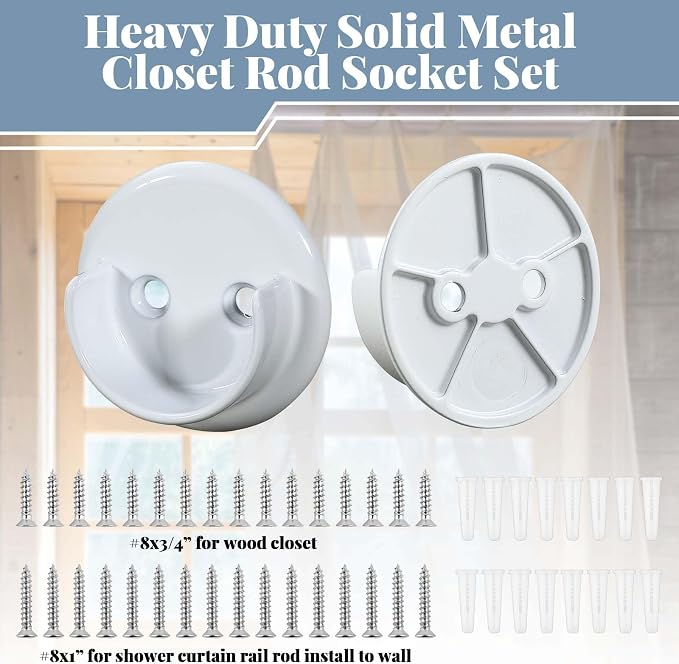 Yaocom 6 Pairs Metal Closet Rod Socket Bracket Set Heavy Duty Shower Curtain Rod Holders Pole Sockets Accept 1-3/8" Diameter Rod Pole with Screw on Attachment for Wardrobes Shelf (Matte White)