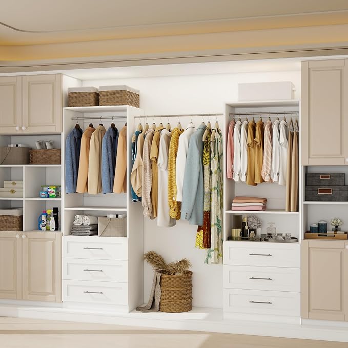 Closet System with Wooden Drawers, 8FT Closet Organize System with Drawers & Hanging Rods &for Walk in Closets, 4PCS*24" Freestanding Closet System, White(8FT)