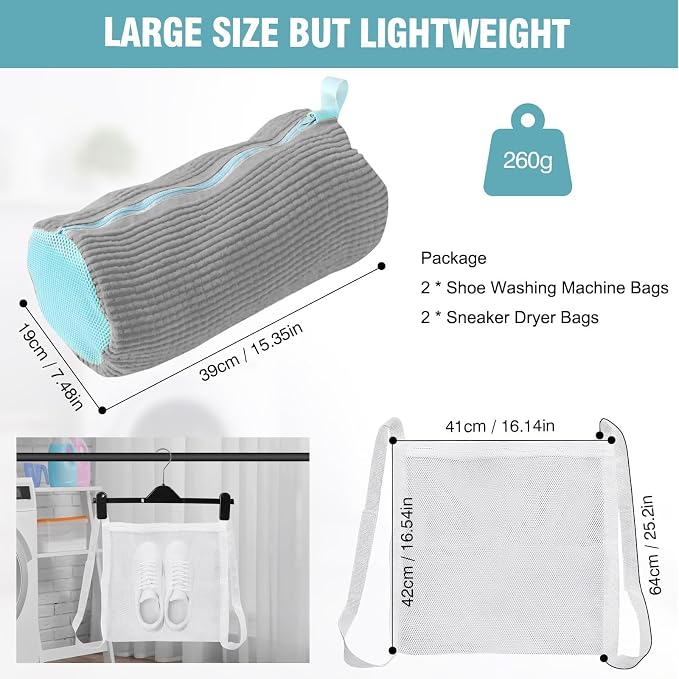 Shoe Washing Machine Bag, Shoe Laundry Bag for Washer and Dryer, Include Dry Net Bag, Reusable and Durable Zipper with Hook Design, Shoe Washing Bag for Sneaker (Gray, 2 Pack)