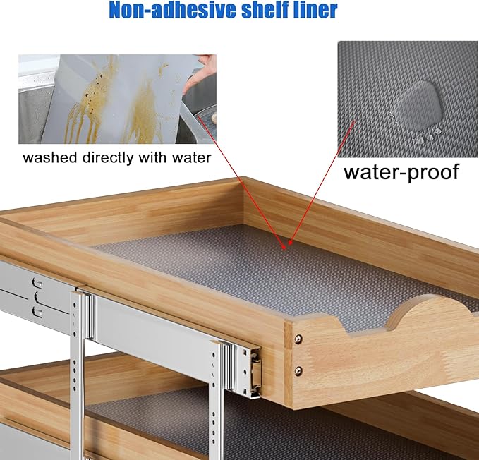 DINDON 3 Tier Pull Out Cabinet Organizer 20”W X21”D Slide Out Shelves With Shelf Liner for Kitchen Wood Roll Out Drawers Pantry Organization