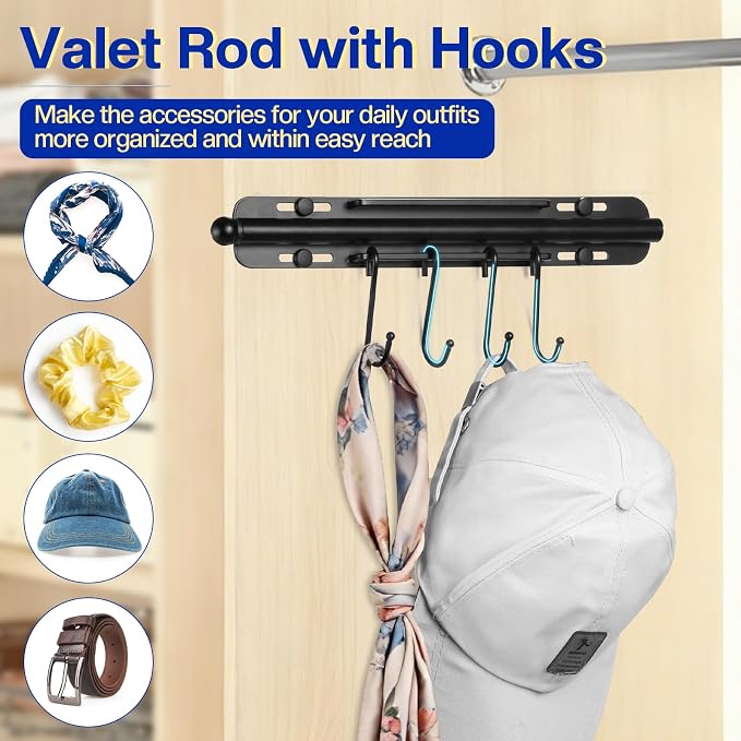 SUTINE 12 inch Valet Rod for Closet Pull Out, Heavy Duty Closet Valet Rods Slide Out, Adjustable Pull Out Closet Rods for Hanging Clothes with 4 Hooks Closet Organizers and Storage (Black)