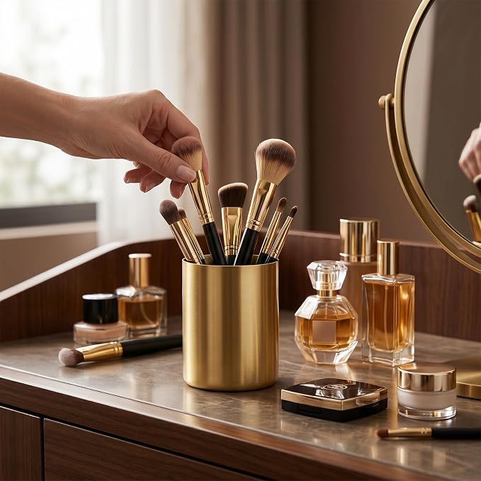 Stainless Steel Gold Pen Holder, Multi-Purpose Desk Pencil Cup, Elegant Makeup Brush Organizer for Office Home Vanity Decor, 3.9 Inch