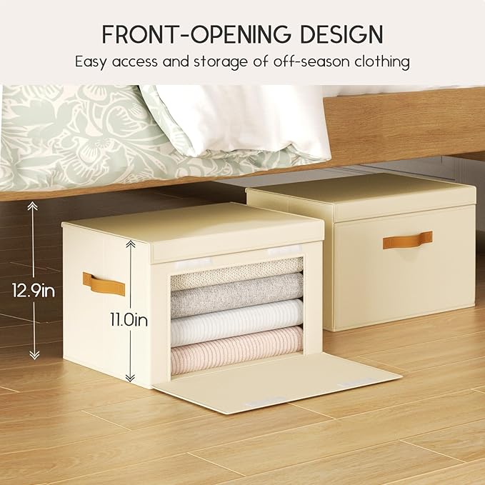 Homsorout Large Storage Bins with Lids - Front Opening Fabric Storage Bins, Flap Closet Organizer with Handles, Collapsible Boxes with Lid, Decorative Basket for Home, Dorm, 6 Pack, Beige
