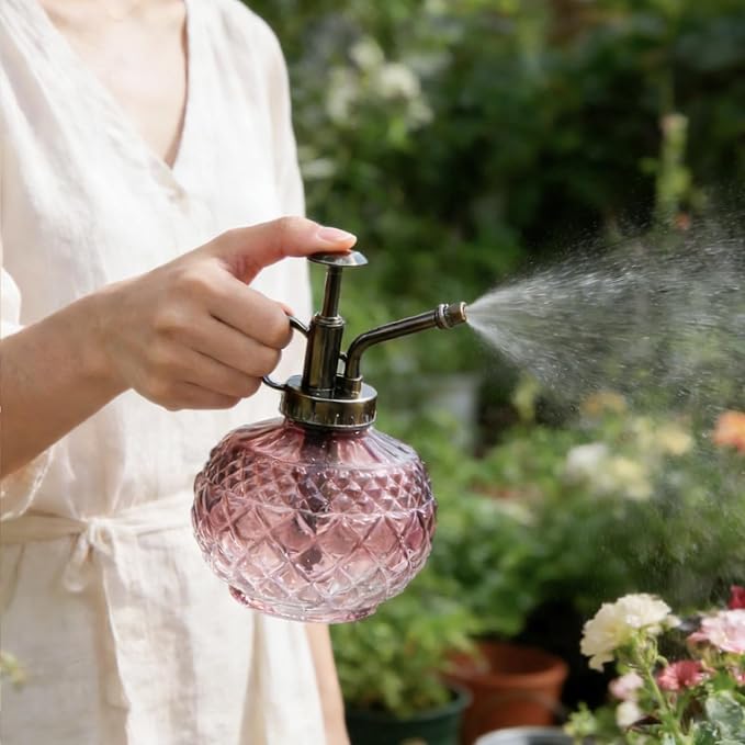 OFFIDIX Plant Mister Spray Bottle,Glass Decorative 300ML Vintage Watering Small Indoor Watering Can with Plastic Pump for Indoor Plants,Garden,Cleaning（Brown Transparent Gradient）