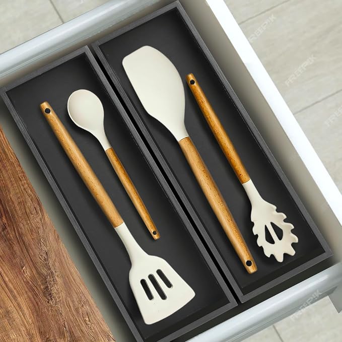 Bamboo Utensil Drawer Organizer Set of 2 | Black Stackable Silverware Organizer Tray | Natural Wood Utensil Caddy | Flatware Cutlery Storage Box for Kitchen Drawer