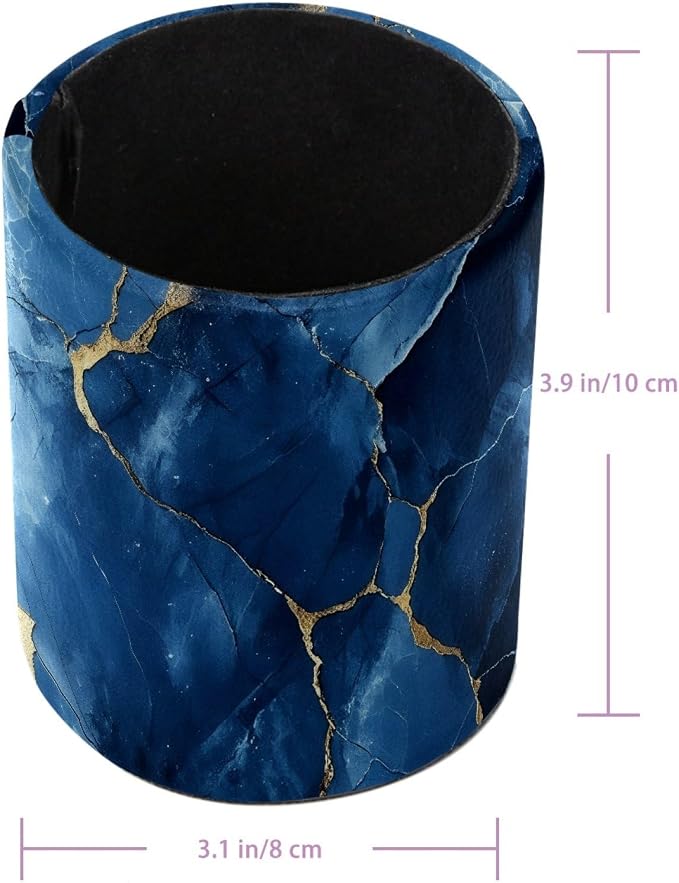 Faux Leather Pen Holder for Desk, Pencil Organizer Blue Gold Marble Texture Pen Cup Desk Decor Makeup Brush Holder Storage for Office Home