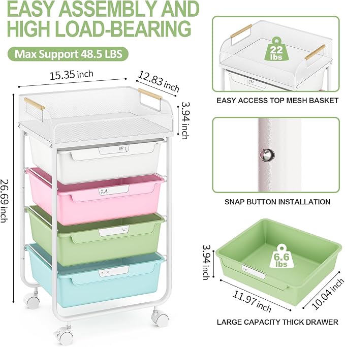 SYKIARIOL 4-Drawer Rolling Storage Cart with Mesh Top, Utility Craft Organizer Cart on Wheels with DIY Labels, Rolling Drawer Cart for Home Office Classroom Bedroom, Colourful