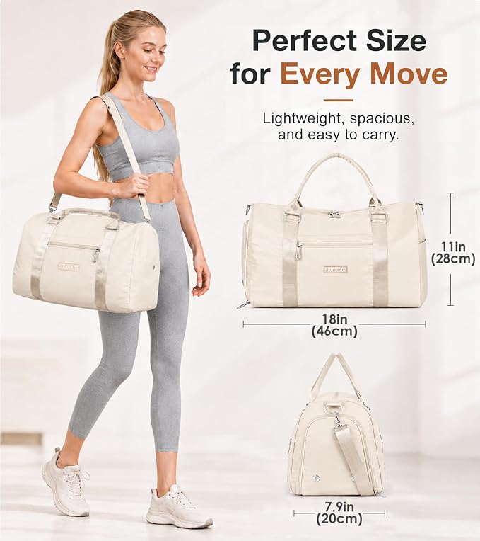 FIORETTO Womens Gym Tote Duffle Bag with Wet Pocket & Shoe Compartment, Sports Duffel Overnight Weekender Hospital Workout Carry on Bag for Girls, Ideal for Travel, Swimming, Dance, Ballet Beige