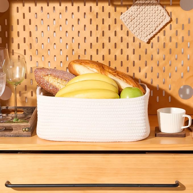 MiniArk Small Storage Baskets for Organizing | Closet Organizer Bins | Shelf Toy Basket | Woven Rope Baskets | Cube Decorative Box | Shallow Basket | 13x8.5x5.1” | 3 Packs Off White