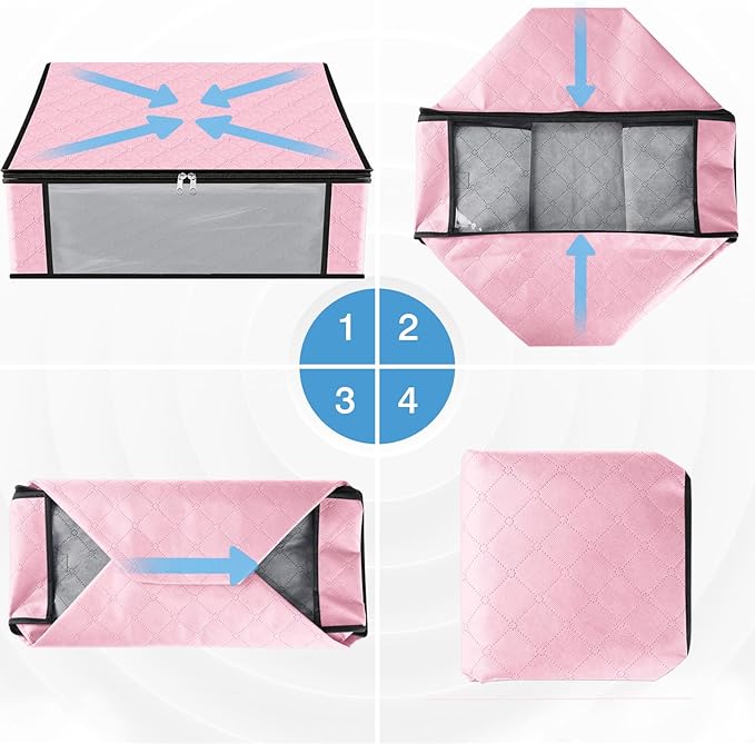 HomeHacks Storage 4-Pack Clothes Organizer Storage Bags Foldable Storage Box with Large Clear Window Sturdy Handles for Closet, Dorm, Pillows, Bedding, Clothes, Blankets, 35L, Pink